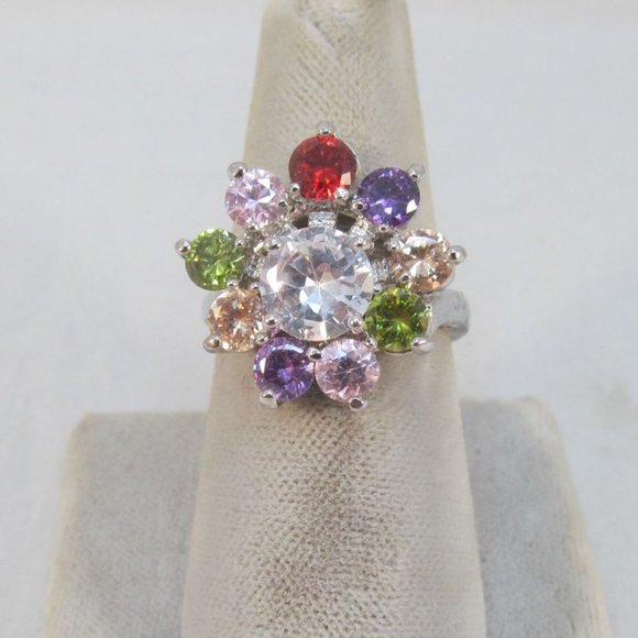 Multi Color Crystal Rainbow Flower Cocktail Ring - Picture 10 of 11